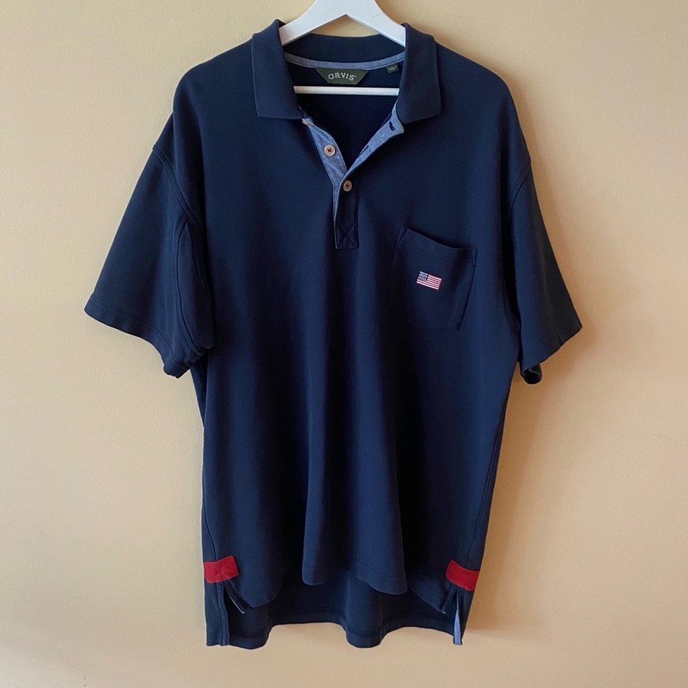 Orvis American Flag pocket Polo Shirt embroidered dad golf USA Navy 100% cotton